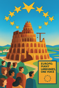 Symbolic AI-generated illustration of the Tower of Babel under construction, representing Europe's linguistic diversity and shared voice. Inspired by the European Year of Languages.